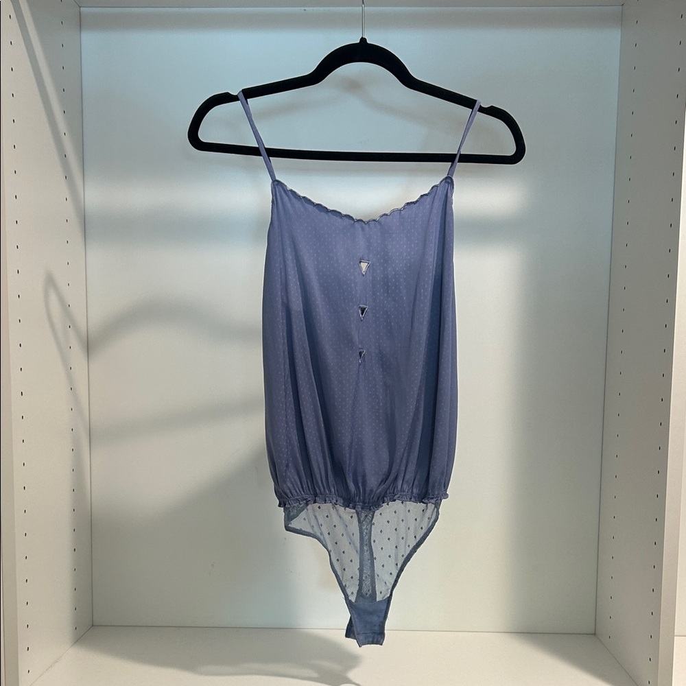 Free People Lavender Blue Sheer Dot Lace-Trim Chemise Bodysuit